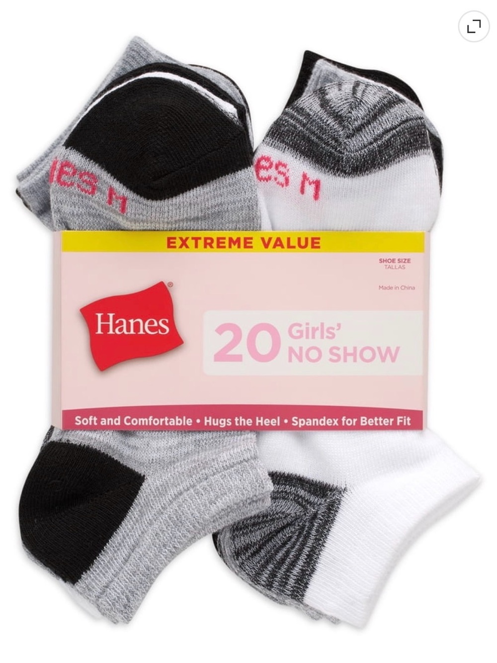 NWT Hanes Girls' No-Show Socks - Black, Gray, White (20-Pack)